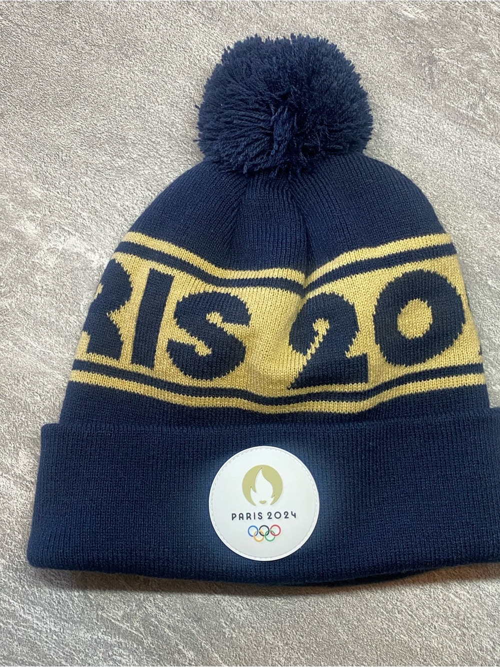 Paris 2024 Olympics Logo Knit Beanie Pom Pom Navy Gold OSFM